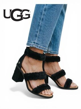 UGG Sandals Women Del Rey Fluff Black Fur Block Heel Size 8 Open Toe NWT